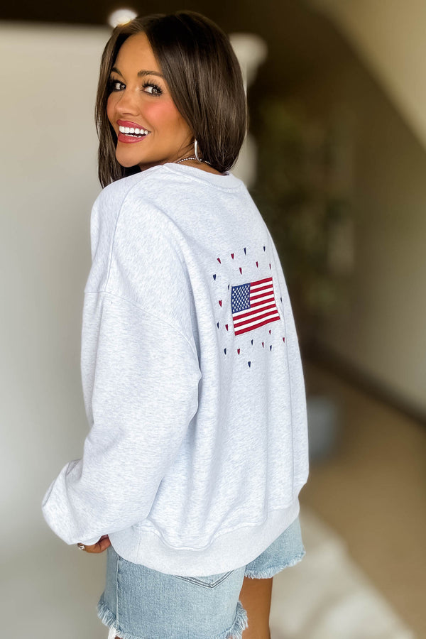 Usa Heather Grey Embroidery Long Sleeve Crew Neck Oversized