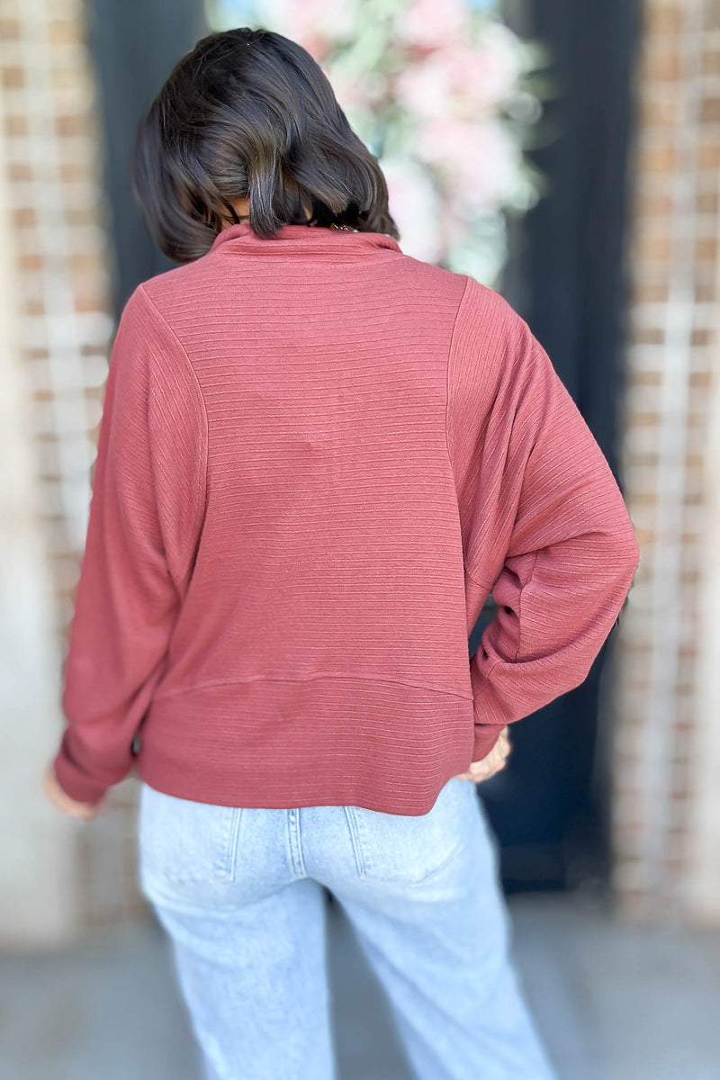 Marsala Stripe Textured Half Zip Up Long Sleeve Sweatshirt