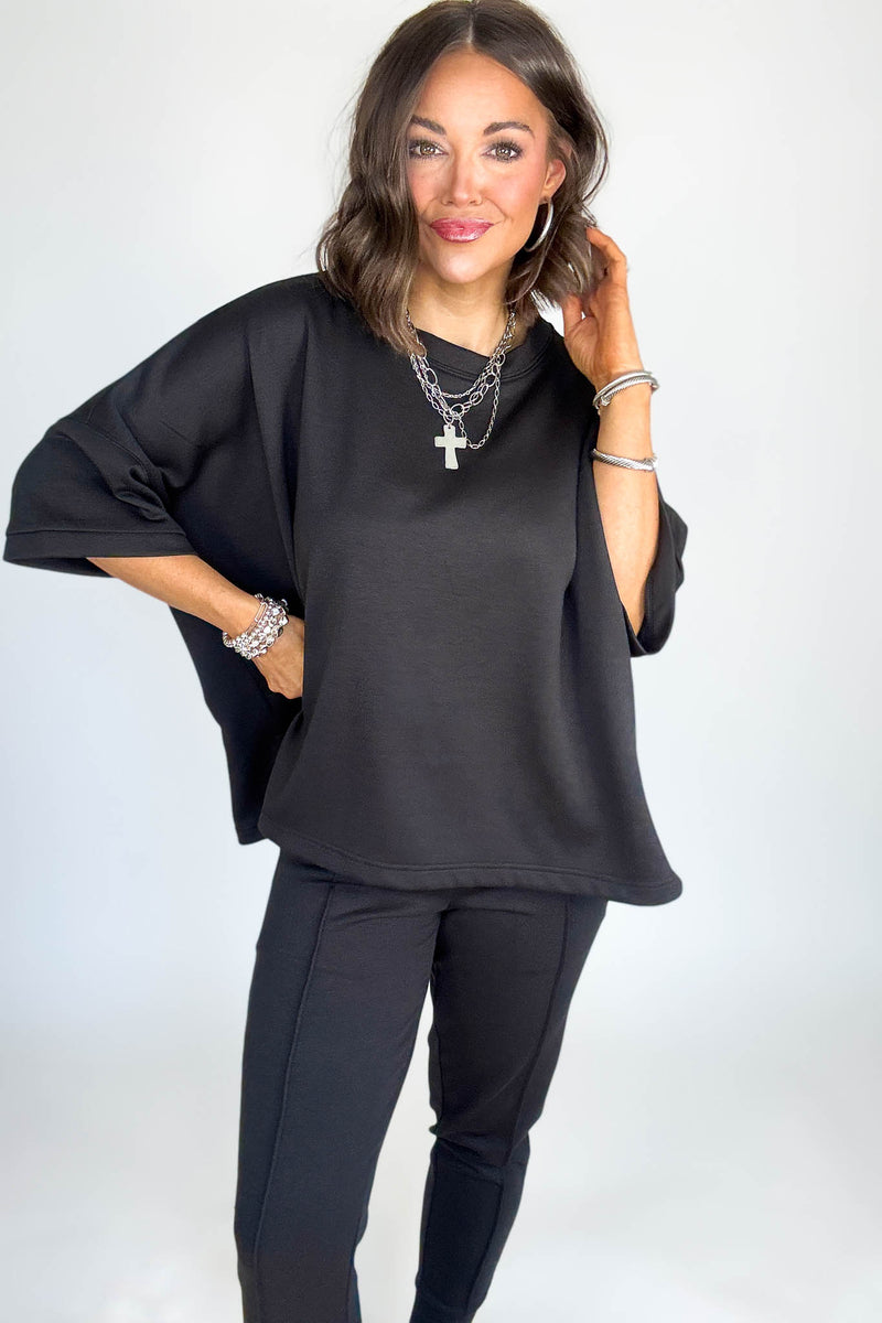 Scuba Black Round Neck Top With Side Slits