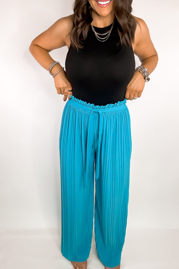 Pleated Ocean Blue Wide Leg Paperback Self Tie Pants