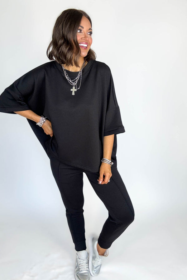Scuba Black Round Neck Top With Side Slits