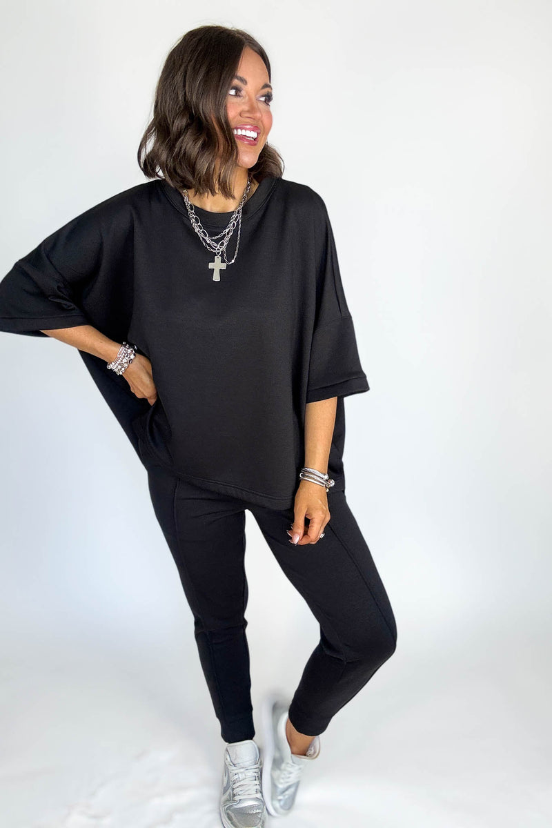 Scuba Black Round Neck Top With Side Slits