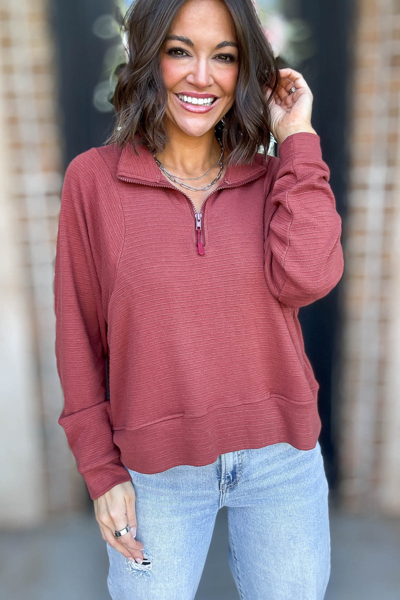 Marsala Stripe Textured Half Zip Up Long Sleeve Sweatshirt