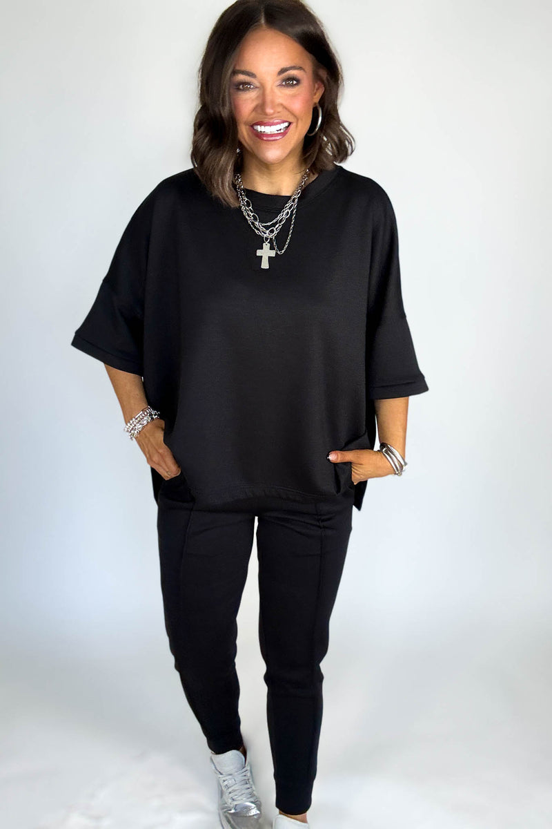 Scuba Black Round Neck Top With Side Slits