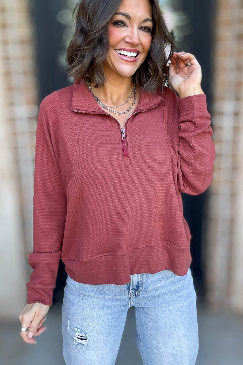 Marsala Stripe Textured Half Zip Up Long Sleeve Sweatshirt