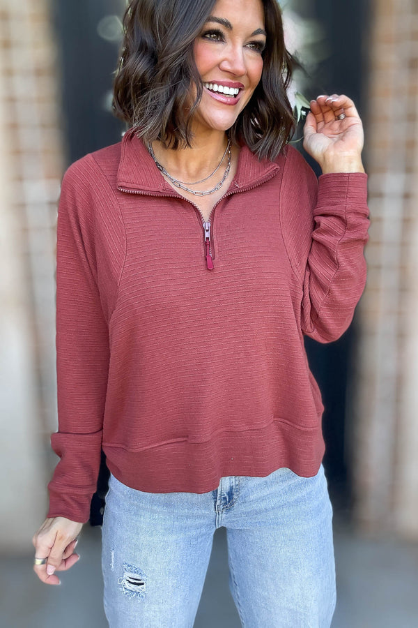 Marsala Stripe Textured Half Zip Up Long Sleeve Sweatshirt