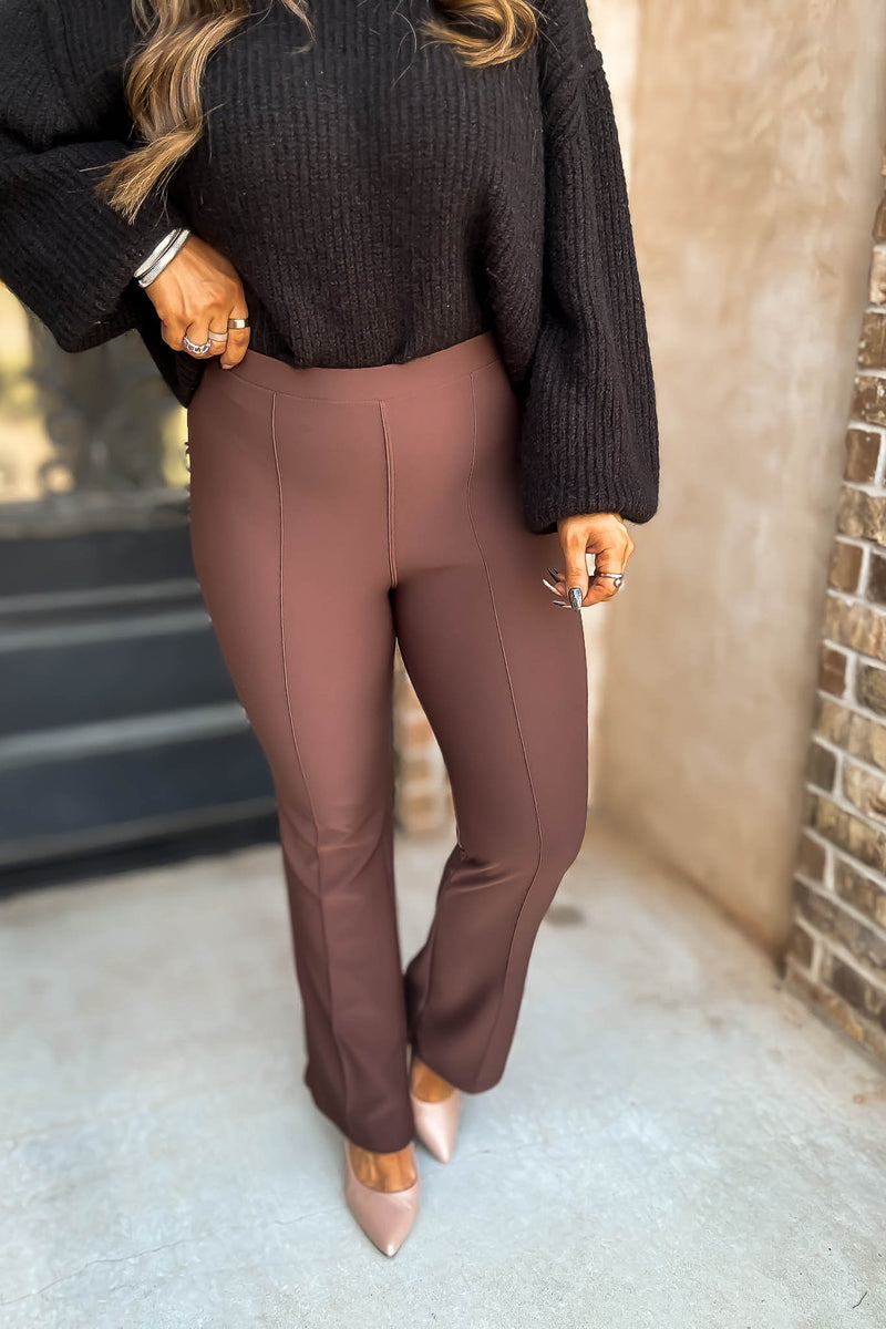 Business Casual Epresso Scuba Knit High Rise Pintuck Tailored Boot Pant