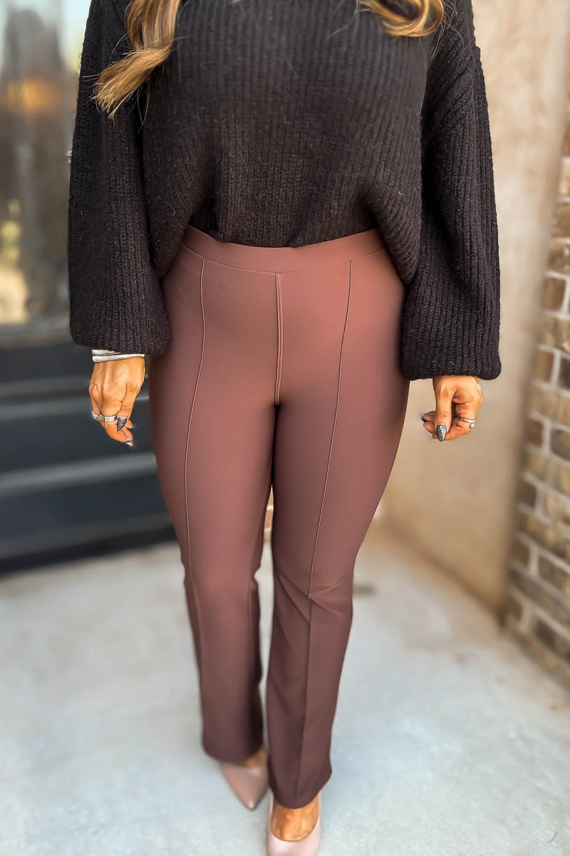 Business Casual Epresso Scuba Knit High Rise Pintuck Tailored Boot Pant