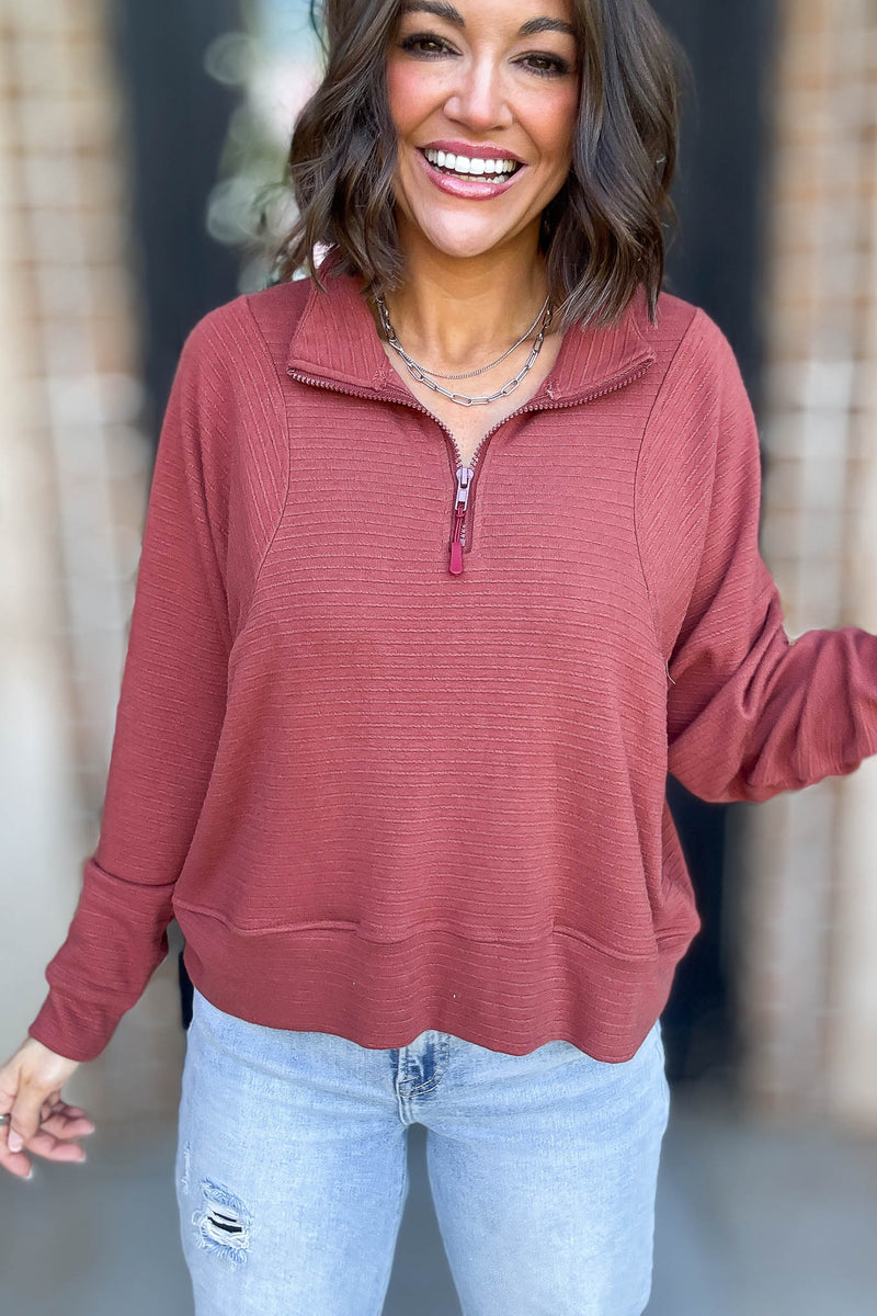 Marsala Stripe Textured Half Zip Up Long Sleeve Sweatshirt