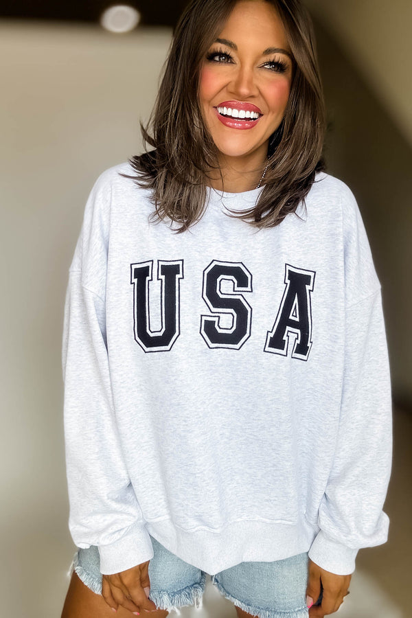Usa Heather Grey Embroidery Long Sleeve Crew Neck Oversized