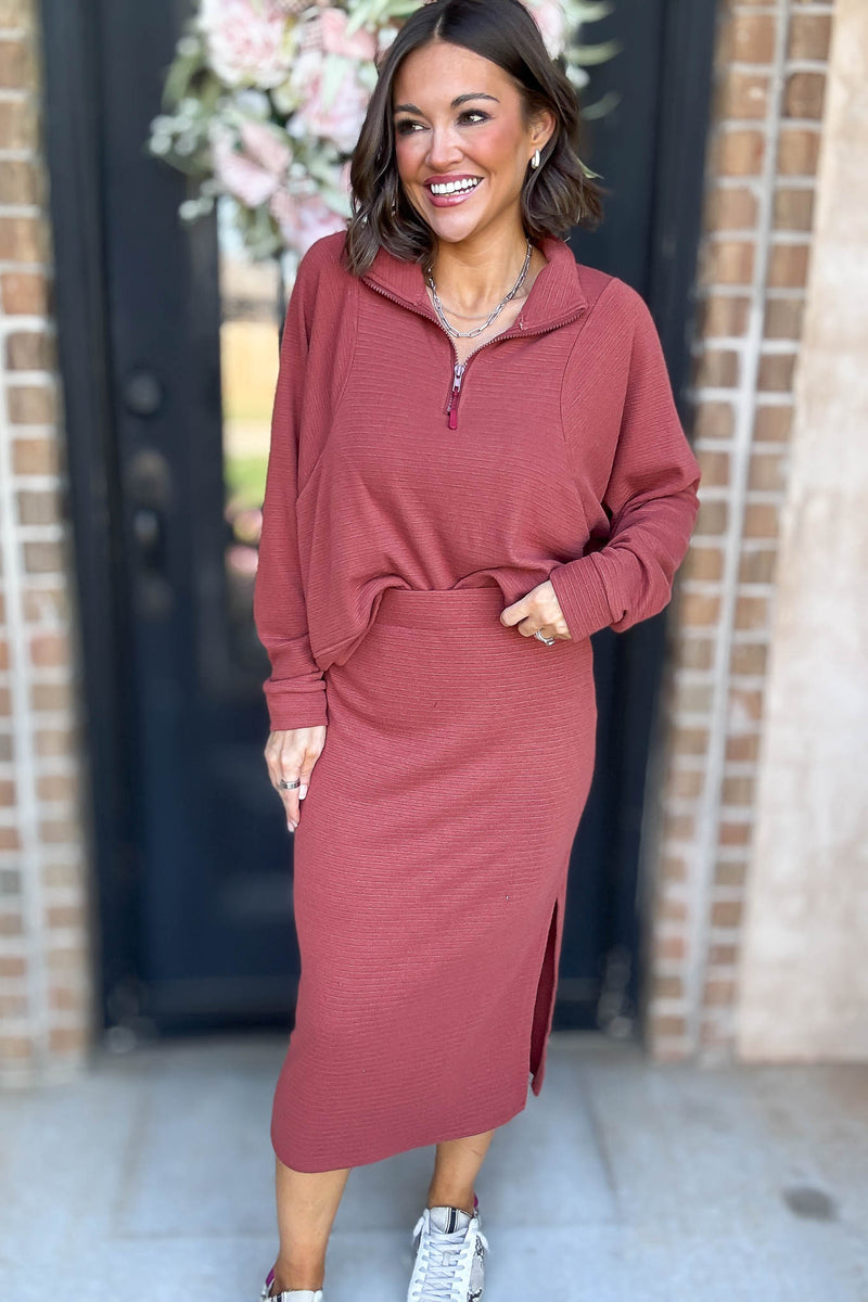 Marsala Stripe Textured Side Slit Midi Skirt