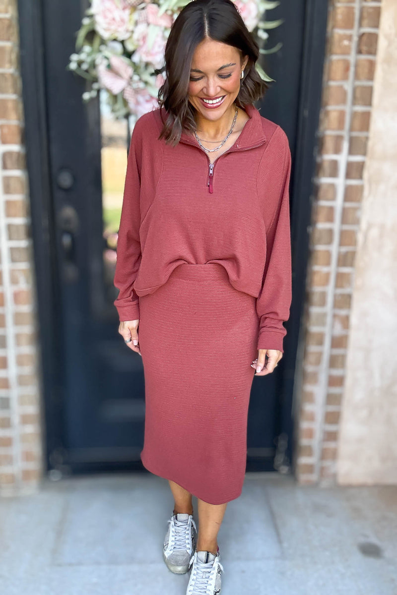 Marsala Stripe Textured Half Zip Up Long Sleeve Sweatshirt