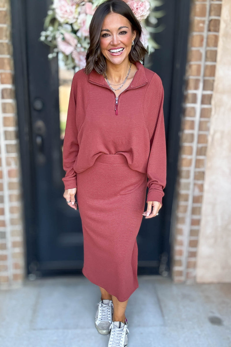 Marsala Stripe Textured Half Zip Up Long Sleeve Sweatshirt