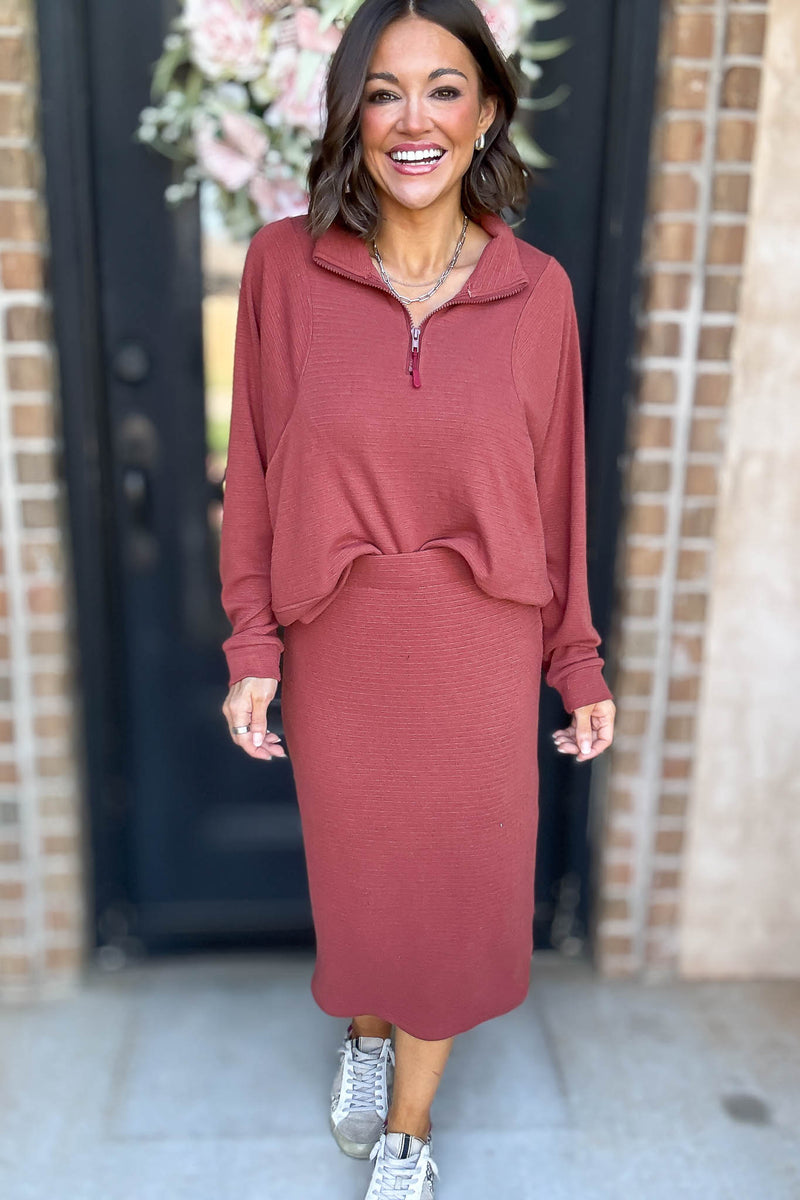 Marsala Stripe Textured Half Zip Up Long Sleeve Sweatshirt