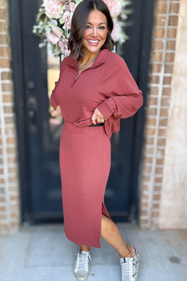 Marsala Stripe Textured Side Slit Midi Skirt