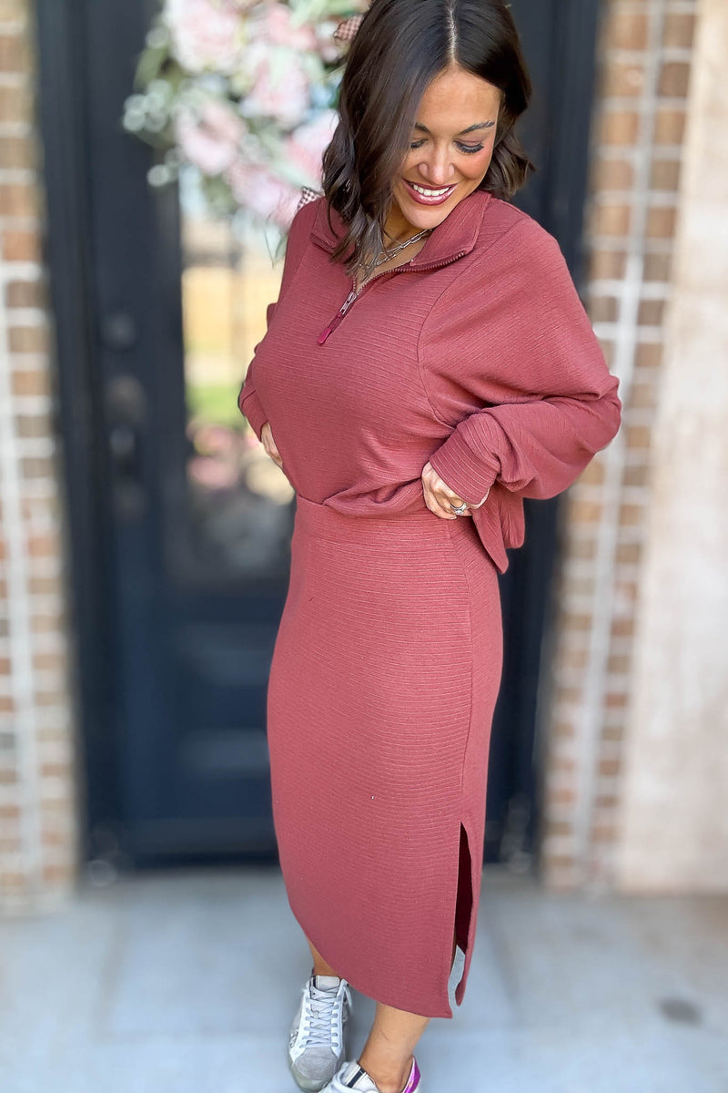 Marsala Stripe Textured Side Slit Midi Skirt