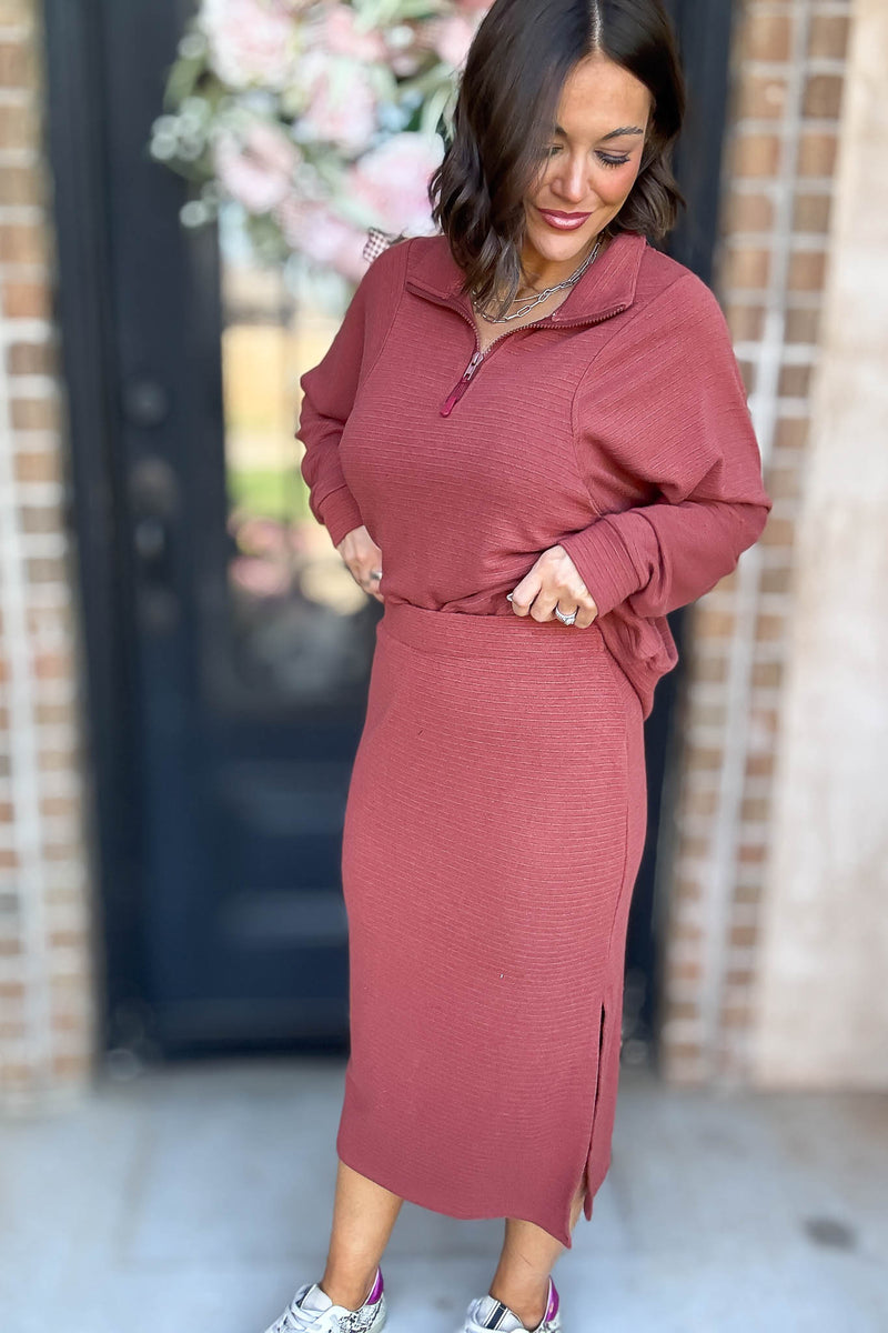 Marsala Stripe Textured Side Slit Midi Skirt