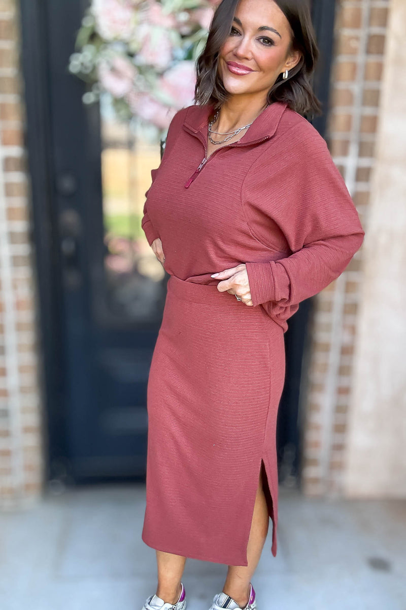 Marsala Stripe Textured Side Slit Midi Skirt