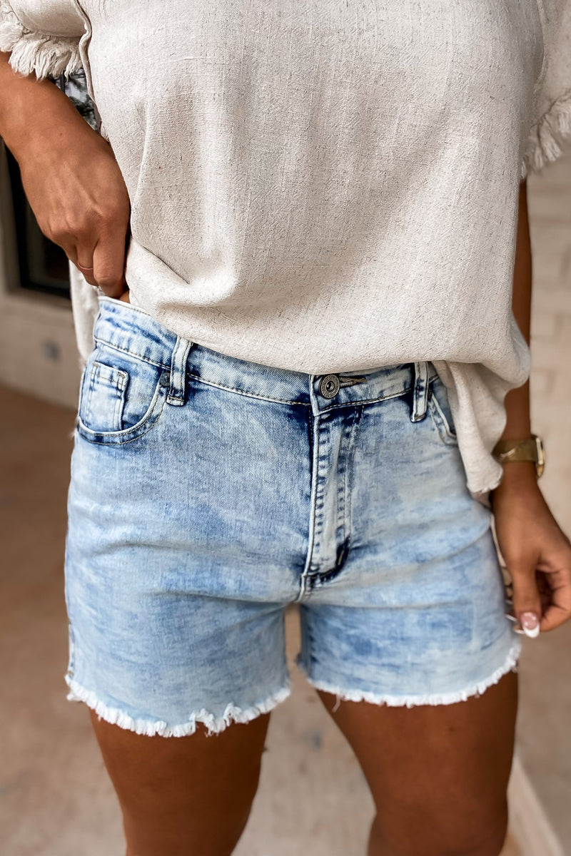 Time To Go Light Wash Denim Shorts