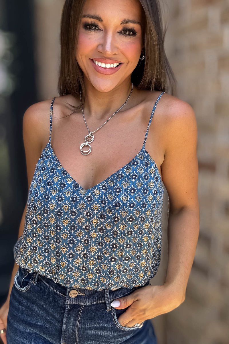 Floral Navy Print Spaghetti Strap Elastic Band Top