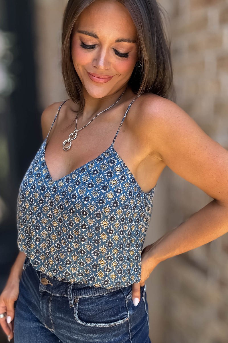 Floral Navy Print Spaghetti Strap Elastic Band Top
