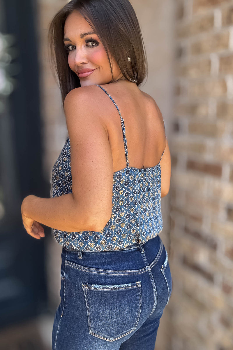 Floral Navy Print Spaghetti Strap Elastic Band Top
