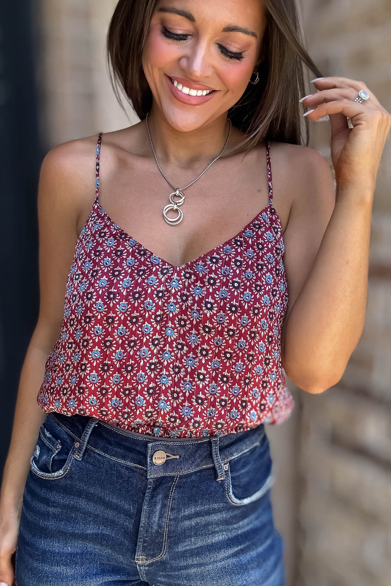 Floral Burgundy Print Spaghetti Strap Elastic Band Top
