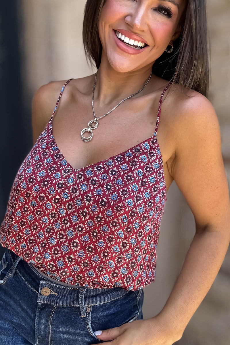 Floral Burgundy Print Spaghetti Strap Elastic Band Top