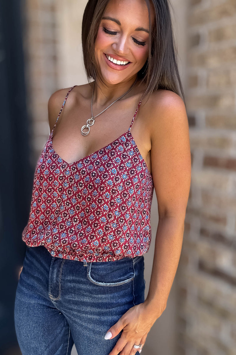 Floral Burgundy Print Spaghetti Strap Elastic Band Top