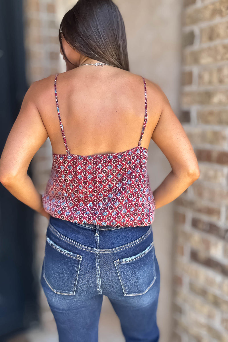Floral Burgundy Print Spaghetti Strap Elastic Band Top