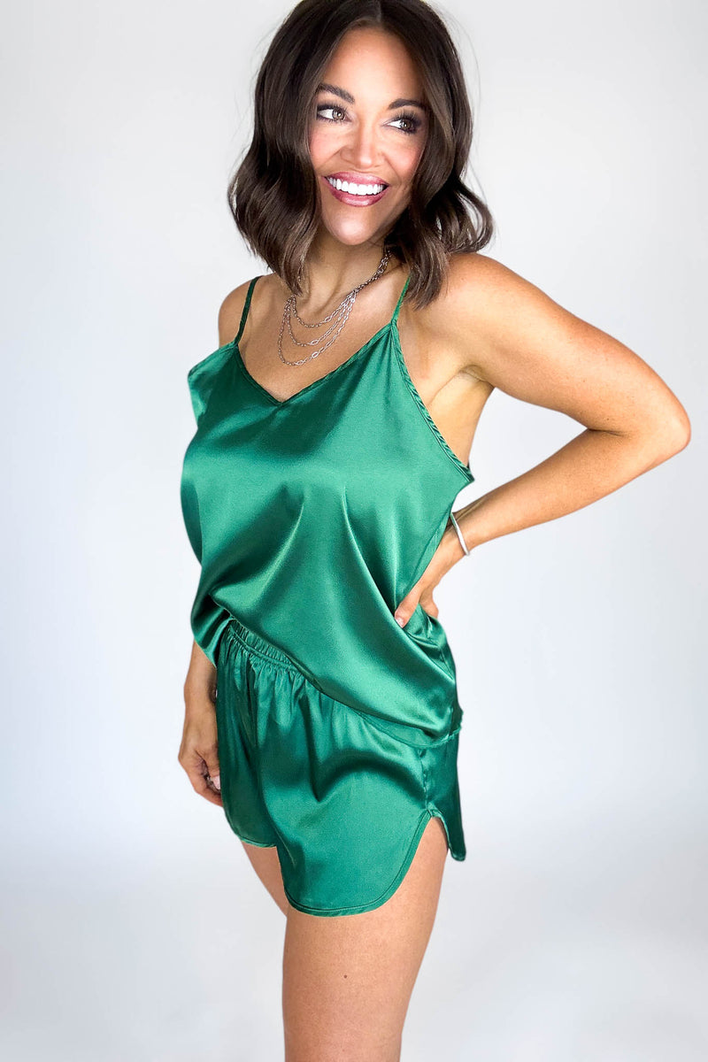 Good Night Hunter Green Satin Cami & Short 2 Piece Set