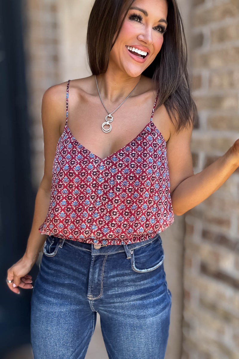 Floral Burgundy Print Spaghetti Strap Elastic Band Top