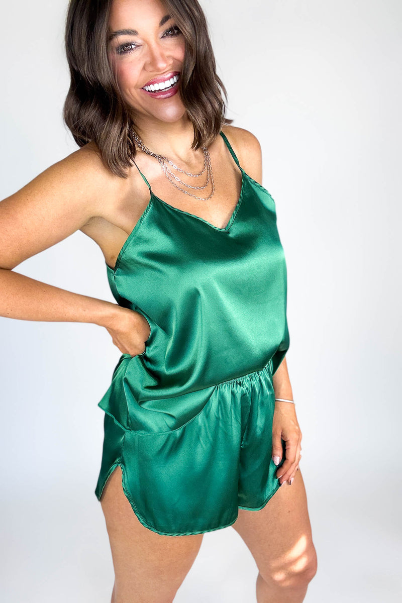 Good Night Hunter Green Satin Cami & Short 2 Piece Set