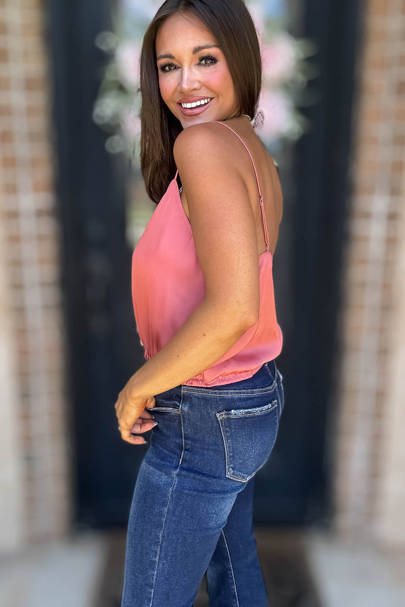 Solid Soft Raspberry Elastic Band Crop Silky Cami Bubble Top