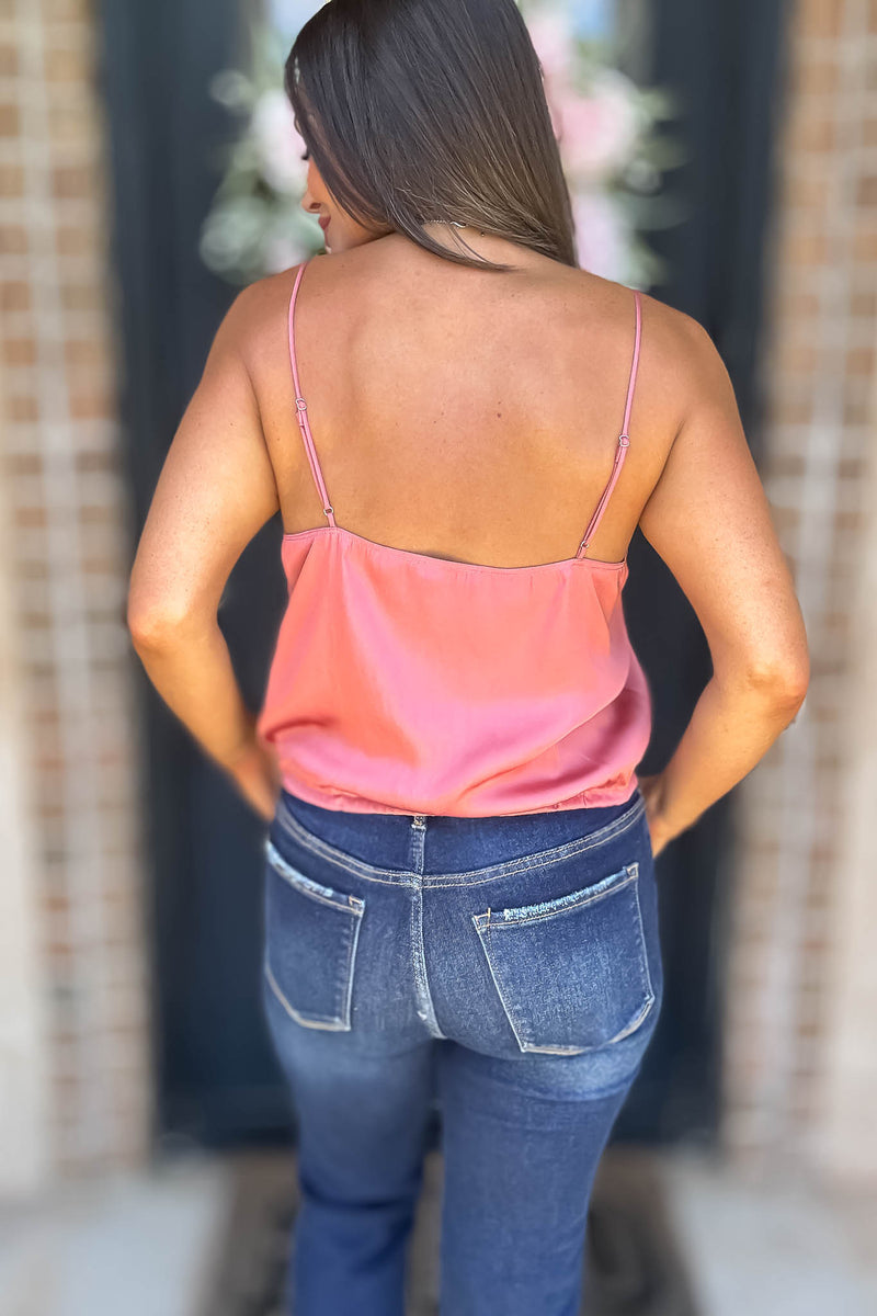 Solid Soft Raspberry Elastic Band Crop Silky Cami Bubble Top