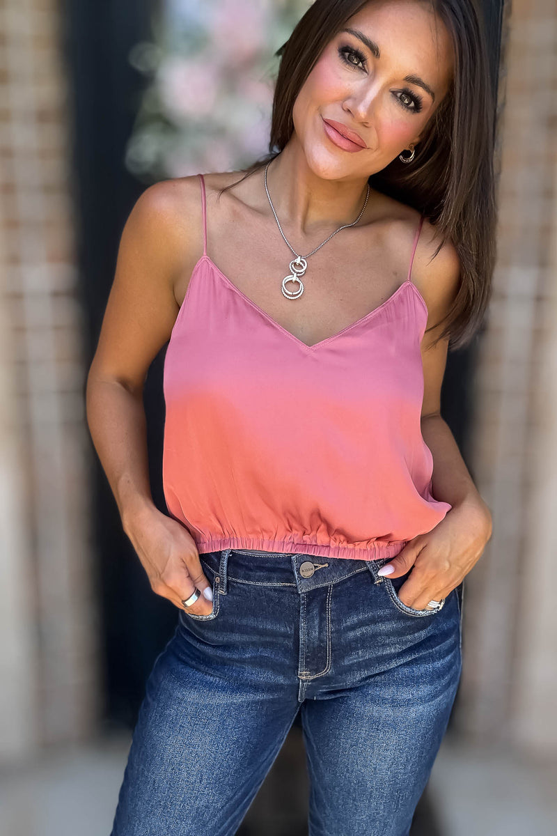 Solid Soft Raspberry Elastic Band Crop Silky Cami Bubble Top