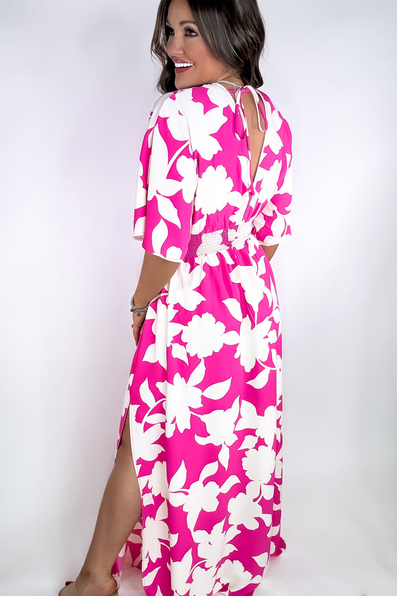 Fuchsia Floral Kimono Sleeve Maxi Dress