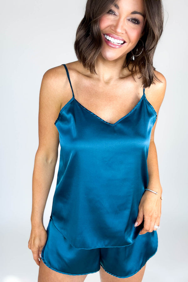 Good Night Teal Satin Cami & Short 2 Piece Set