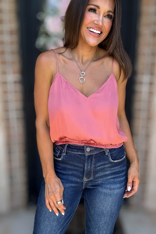Solid Soft Raspberry Elastic Band Crop Silky Cami Bubble Top