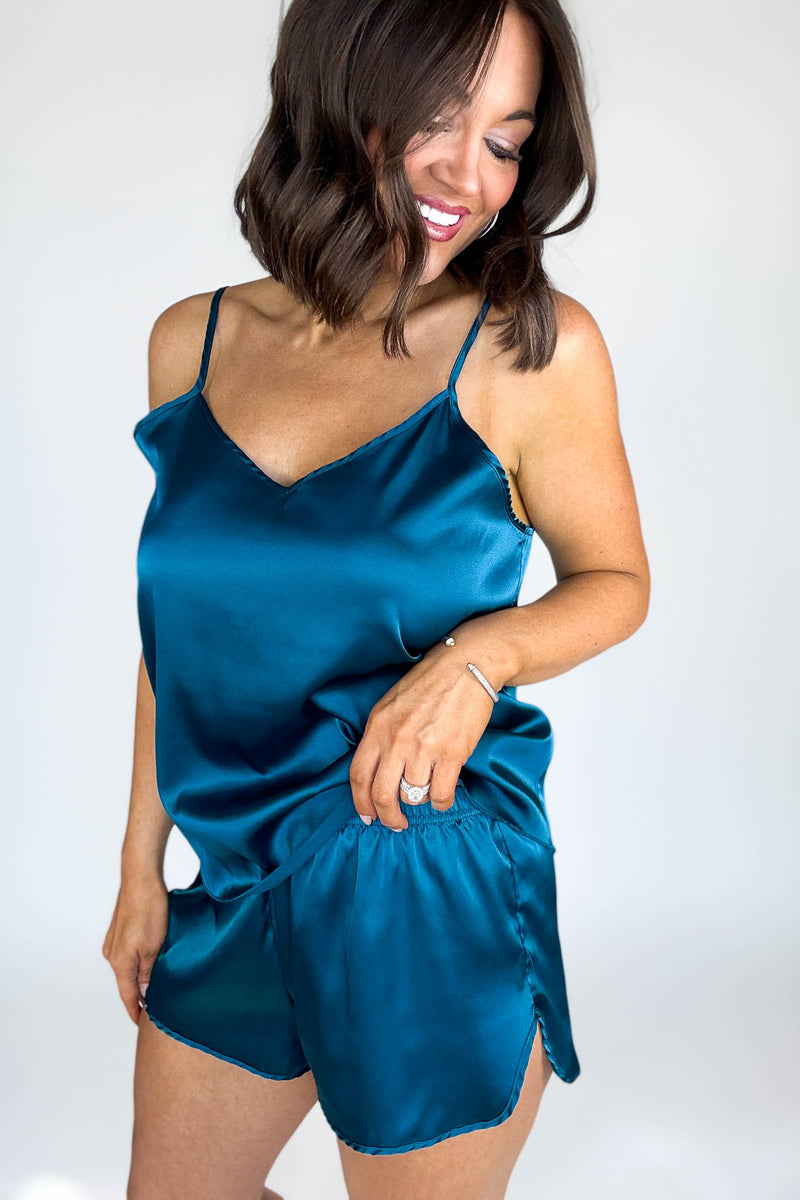 Good Night Teal Satin Cami & Short 2 Piece Set