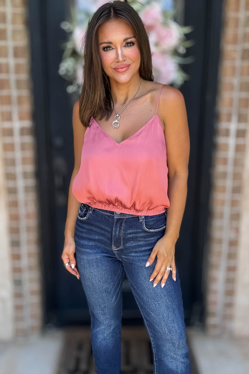 Solid Soft Raspberry Elastic Band Crop Silky Cami Bubble Top