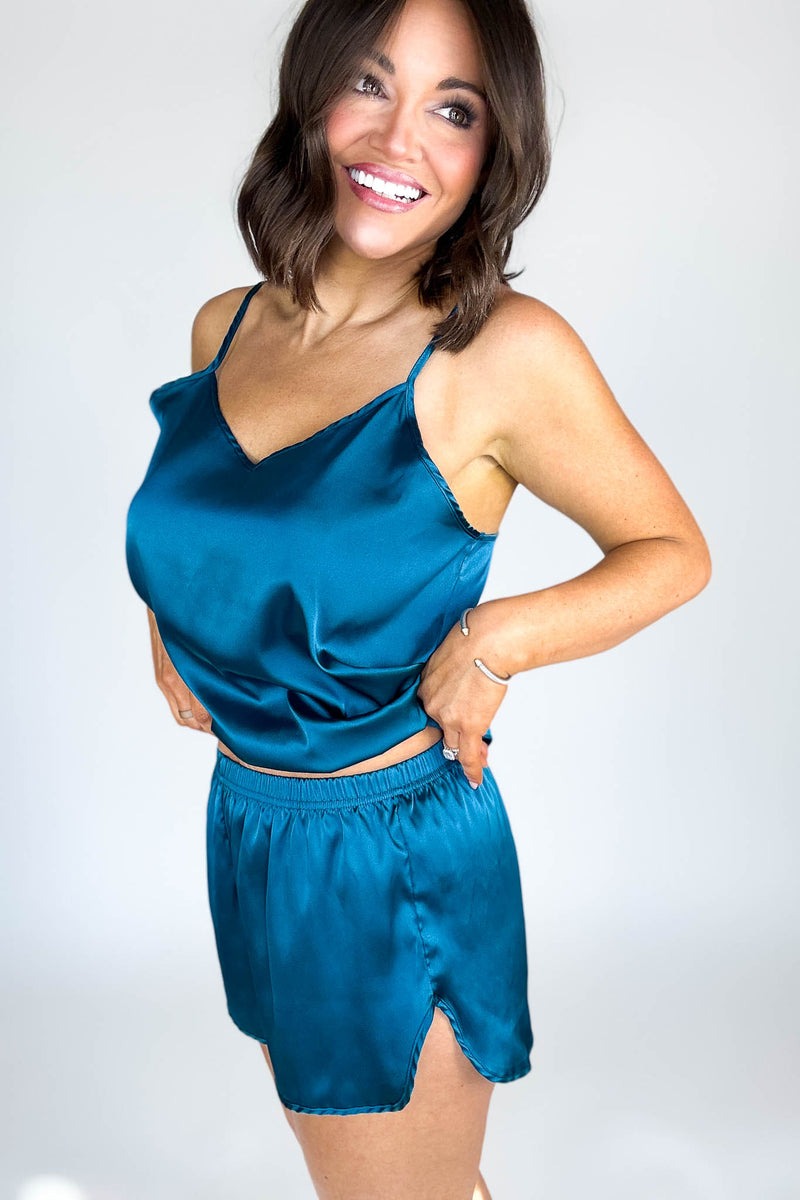 Good Night Teal Satin Cami & Short 2 Piece Set