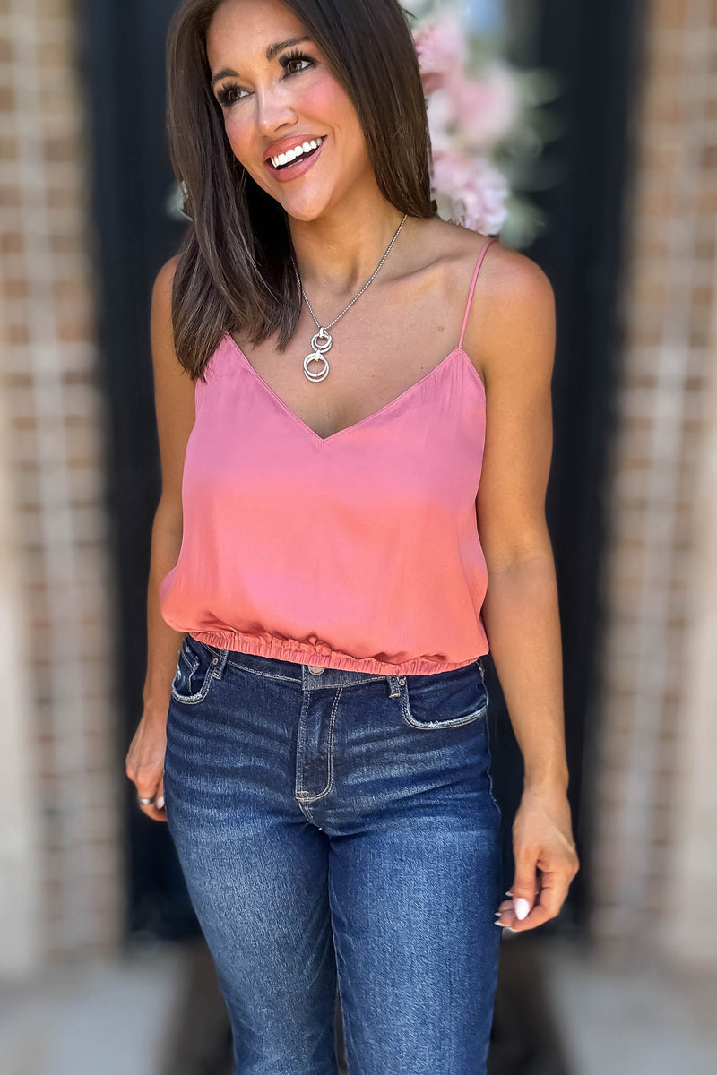 Solid Soft Raspberry Elastic Band Crop Silky Cami Bubble Top