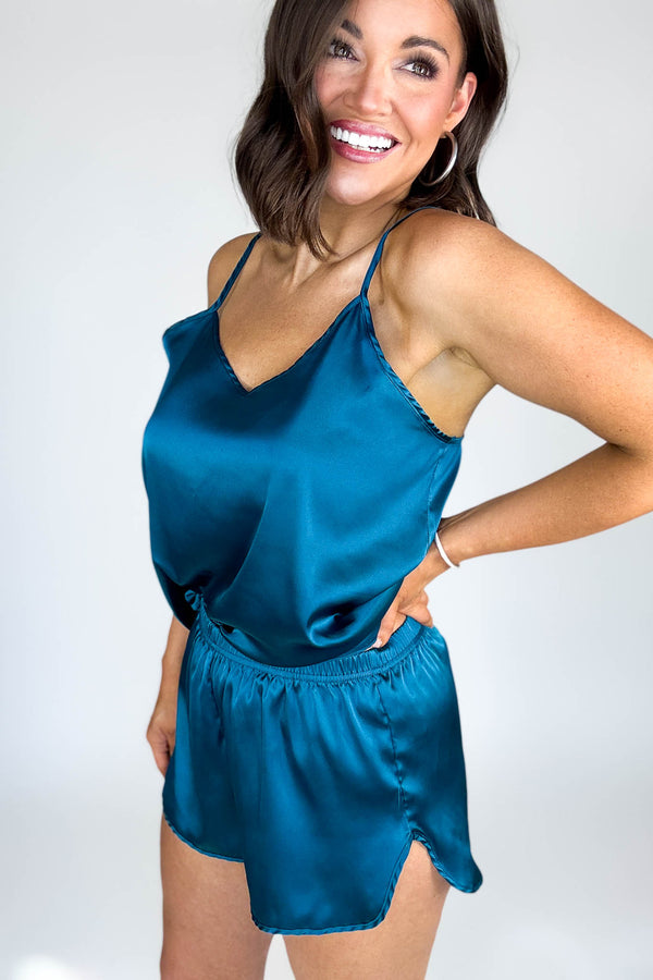 Good Night Teal Satin Cami & Short 2 Piece Set