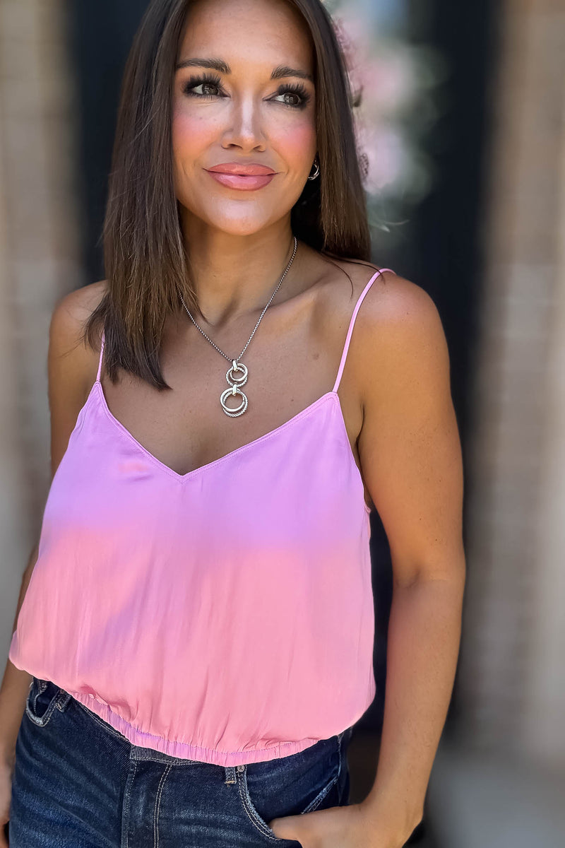 Solid Soft Bubble Gum Elastic Band Crop Silky Cami Bubble Top