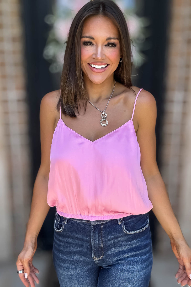 Solid Soft Bubble Gum Elastic Band Crop Silky Cami Bubble Top