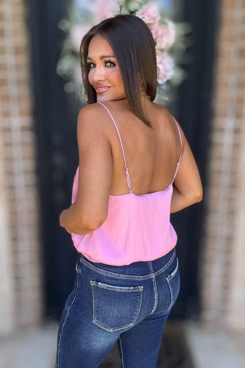 Solid Soft Bubble Gum Elastic Band Crop Silky Cami Bubble Top