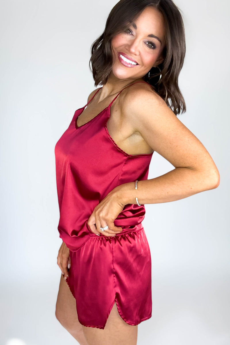 Good Night Burgundy Satin Cami & Short 2 Piece Set