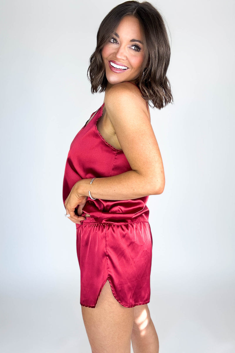 Good Night Burgundy Satin Cami & Short 2 Piece Set