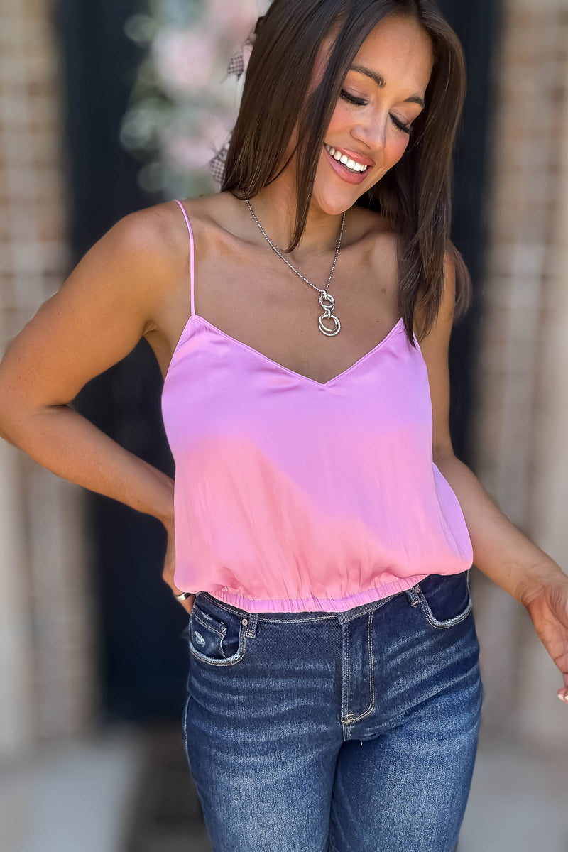 Solid Soft Bubble Gum Elastic Band Crop Silky Cami Bubble Top